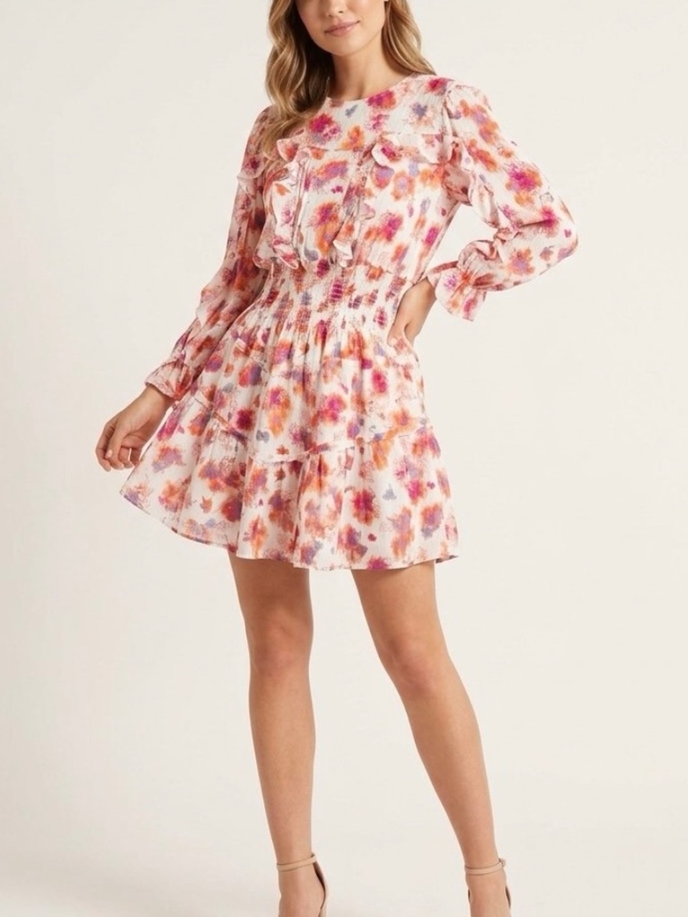 IRO Paris Women's Sz 34 Abstract Watercolor Floral Smocked Tiered Mini Dress